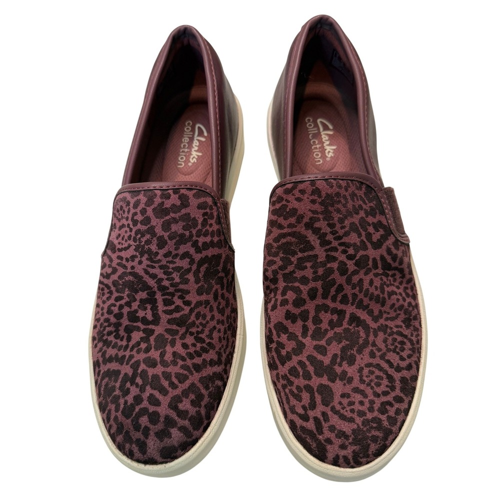 Clarks Collection Burgundy Leopard Print Slip On Platform Sneakers Womens 8.5 M